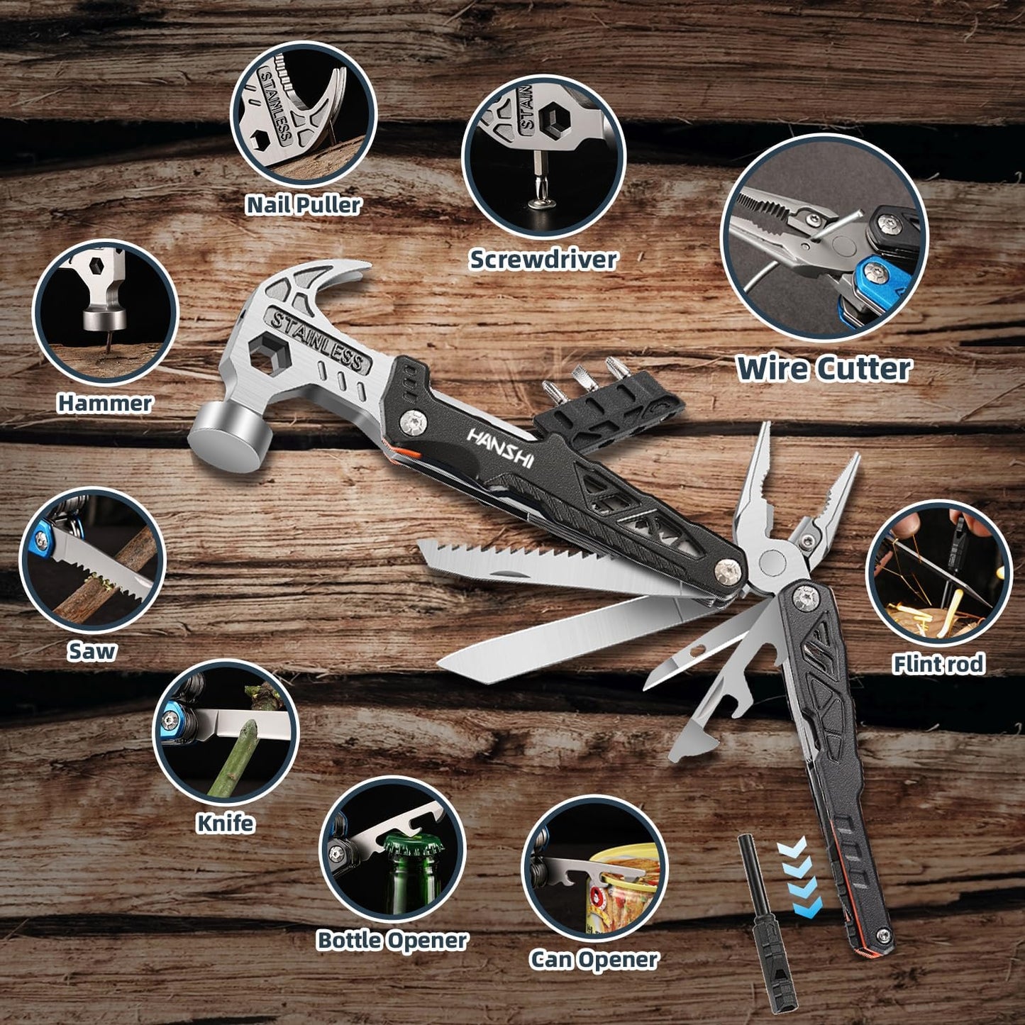 Replaceable Wire Cutter Hammer Multitool with Nylon Sheath for Outdoor,Camping,Survival,Hiking,17 In 1 Pocket Multi Tool with Spring-Action Plier,Knife,Flint Rod,Safty Whistle for Gift