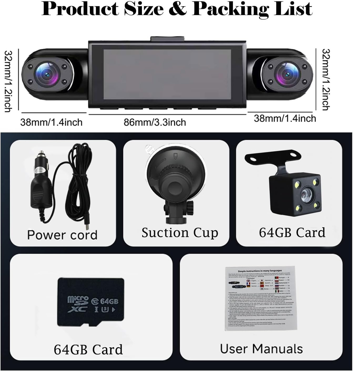 4 Channel Dash Cam 360° View, 1080P Front and Rear Inside, Left Right Dash Camera for Cars, Night Vision, WiFi & APP Control, G-Sensor, Loop Recording with 64GB SD Card