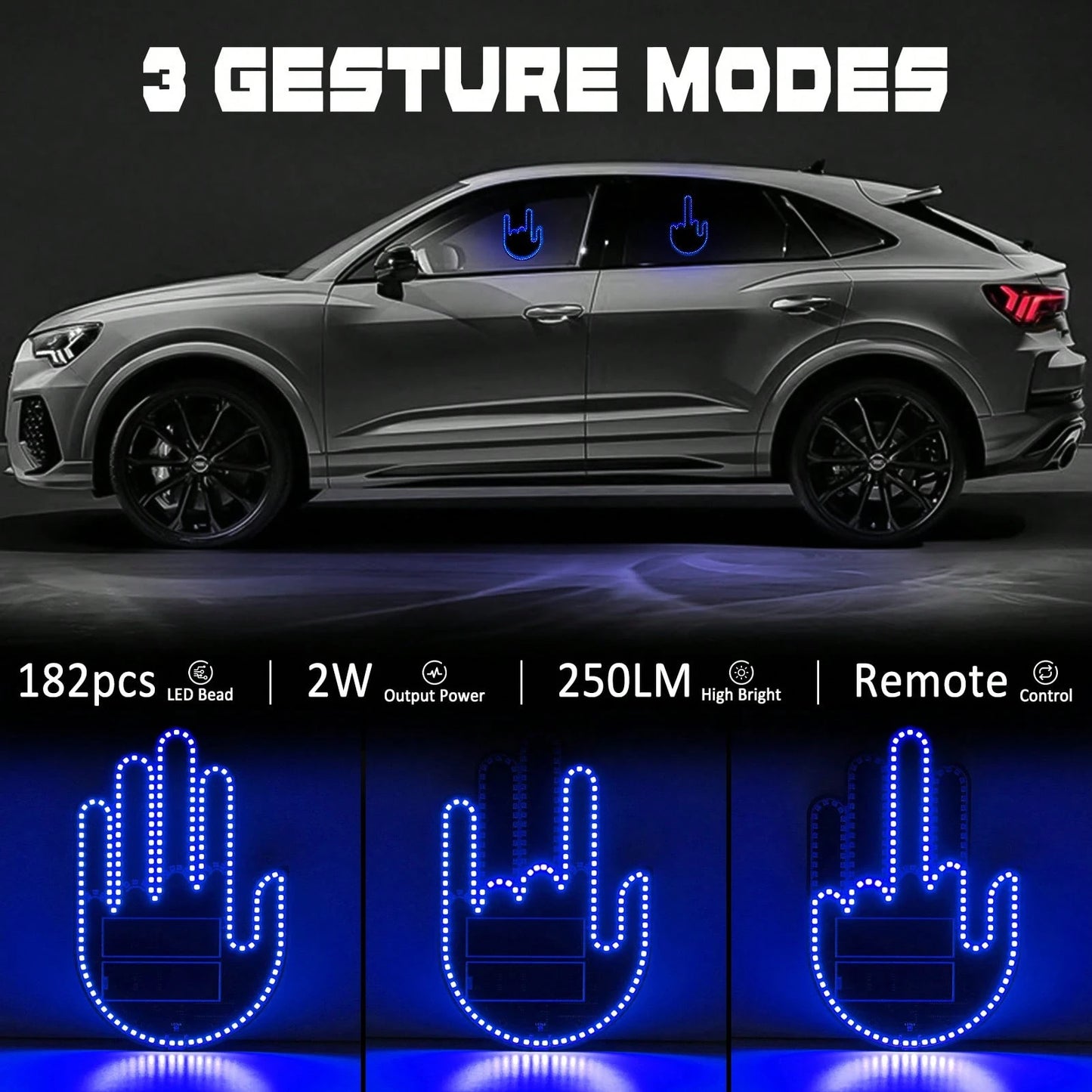 LED Hand Gesture Light for Car, 3 In1 Car Sign Finger Light with Remote Control, Funny Back Window Sign Light Accessories for Cars Trucks, Car Gadgets & Road Rage Signs, No Battery
