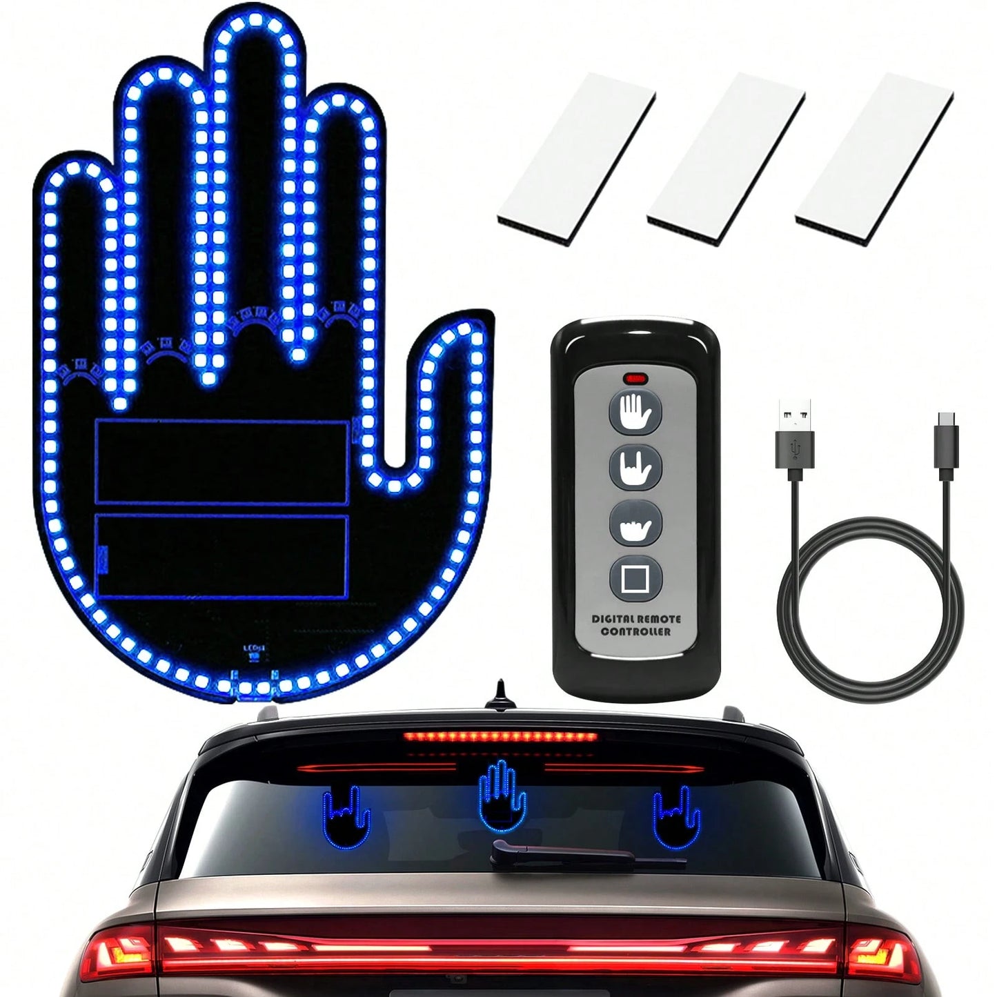 LED Hand Gesture Light for Car, 3 In1 Car Sign Finger Light with Remote Control, Funny Back Window Sign Light Accessories for Cars Trucks, Car Gadgets & Road Rage Signs, No Battery