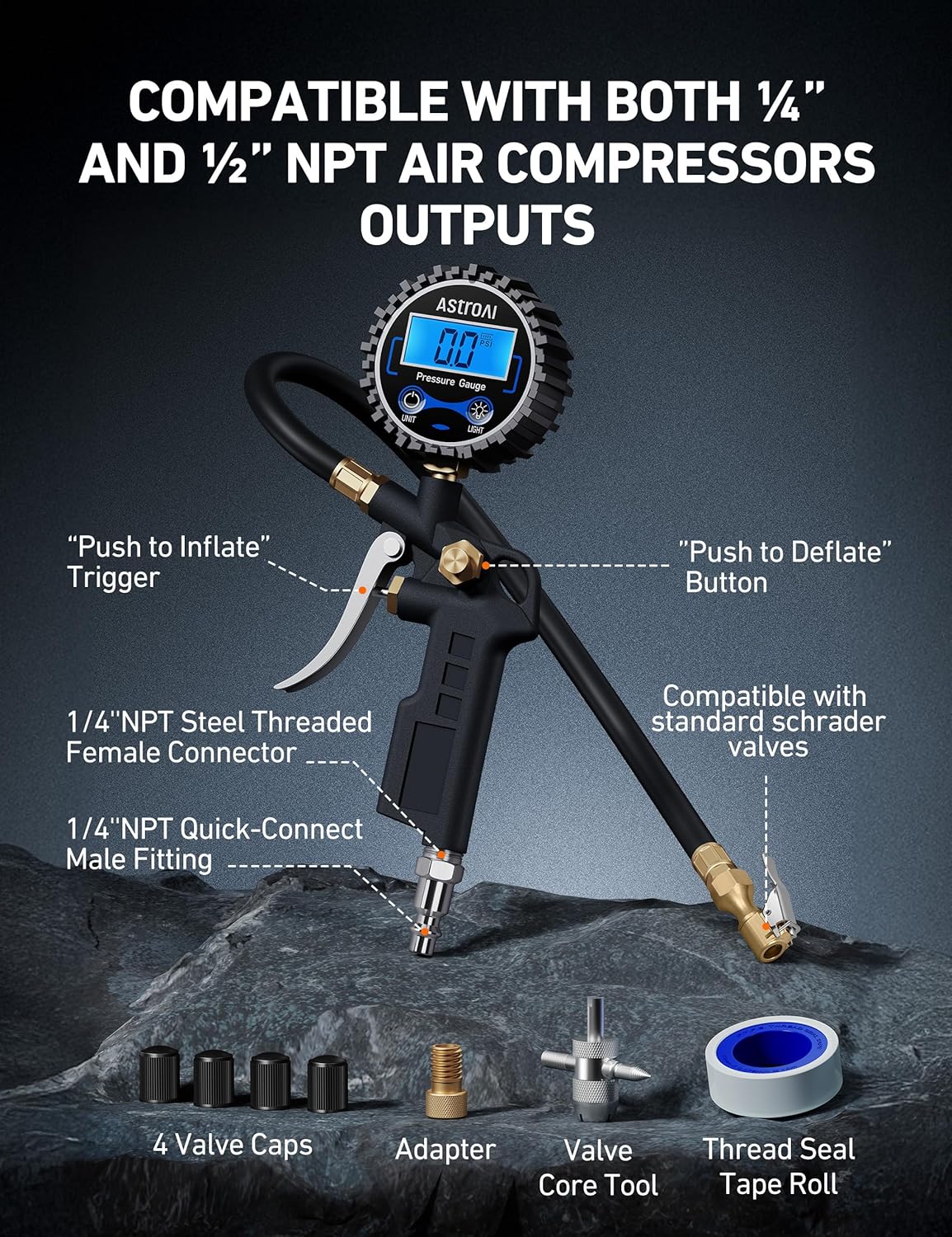 Digital Tire Pressure Gauge with Inflator, 3-250 PSI Air Chuck & Compressor Accessories Heavy Duty with Quick Connect Coupler, 0.1 Display Resolution