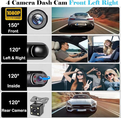 4 Channel Dash Cam 360° View, 1080P Front and Rear Inside, Left Right Dash Camera for Cars, Night Vision, WiFi & APP Control, G-Sensor, Loop Recording with 64GB SD Card