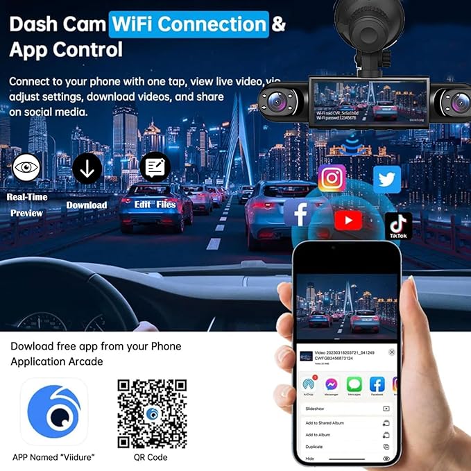 4 Channel Dash Cam 360° View, 1080P Front and Rear Inside, Left Right Dash Camera for Cars, Night Vision, WiFi & APP Control, G-Sensor, Loop Recording with 64GB SD Card