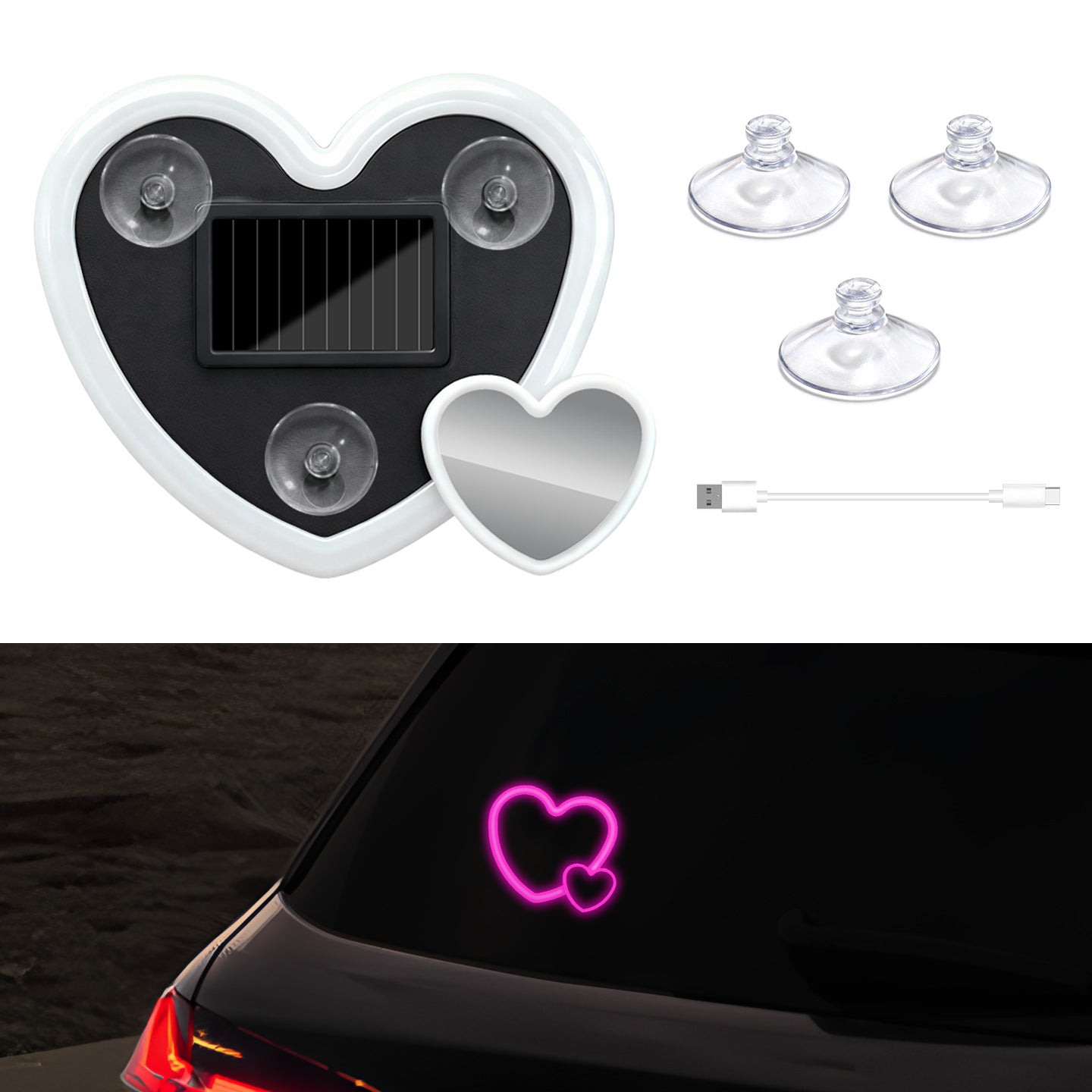 Car LED Ambient Light, Solar-Heart-Shaped LED Neon Light,Ip65 Waterproof, 5 Modes,Romantic Cars for Night Driving, Heart Car Accessories for Valentine's Day, Anniversary (A)