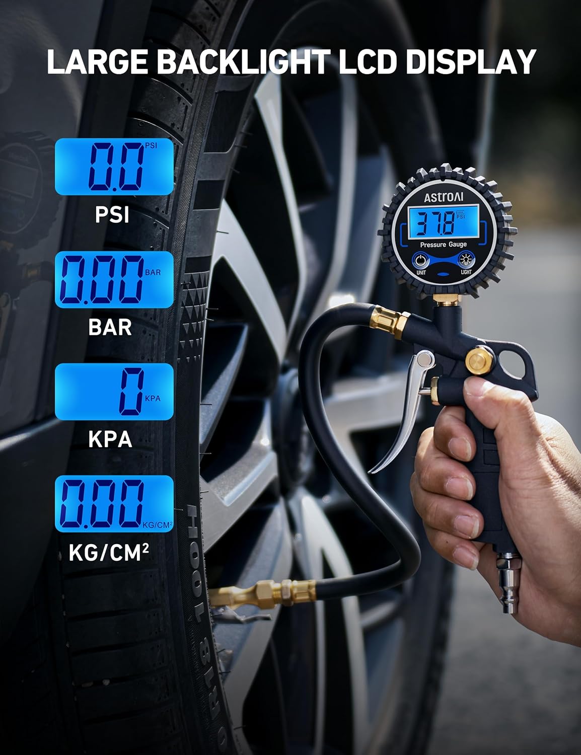 Digital Tire Pressure Gauge with Inflator, 3-250 PSI Air Chuck & Compressor Accessories Heavy Duty with Quick Connect Coupler, 0.1 Display Resolution