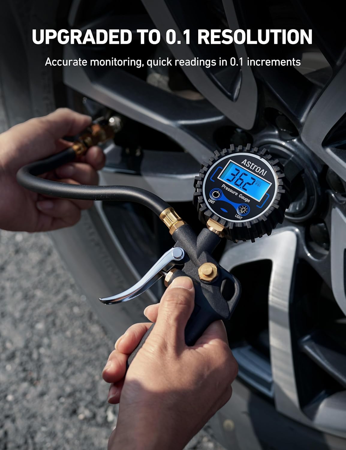 Digital Tire Pressure Gauge with Inflator, 3-250 PSI Air Chuck & Compressor Accessories Heavy Duty with Quick Connect Coupler, 0.1 Display Resolution