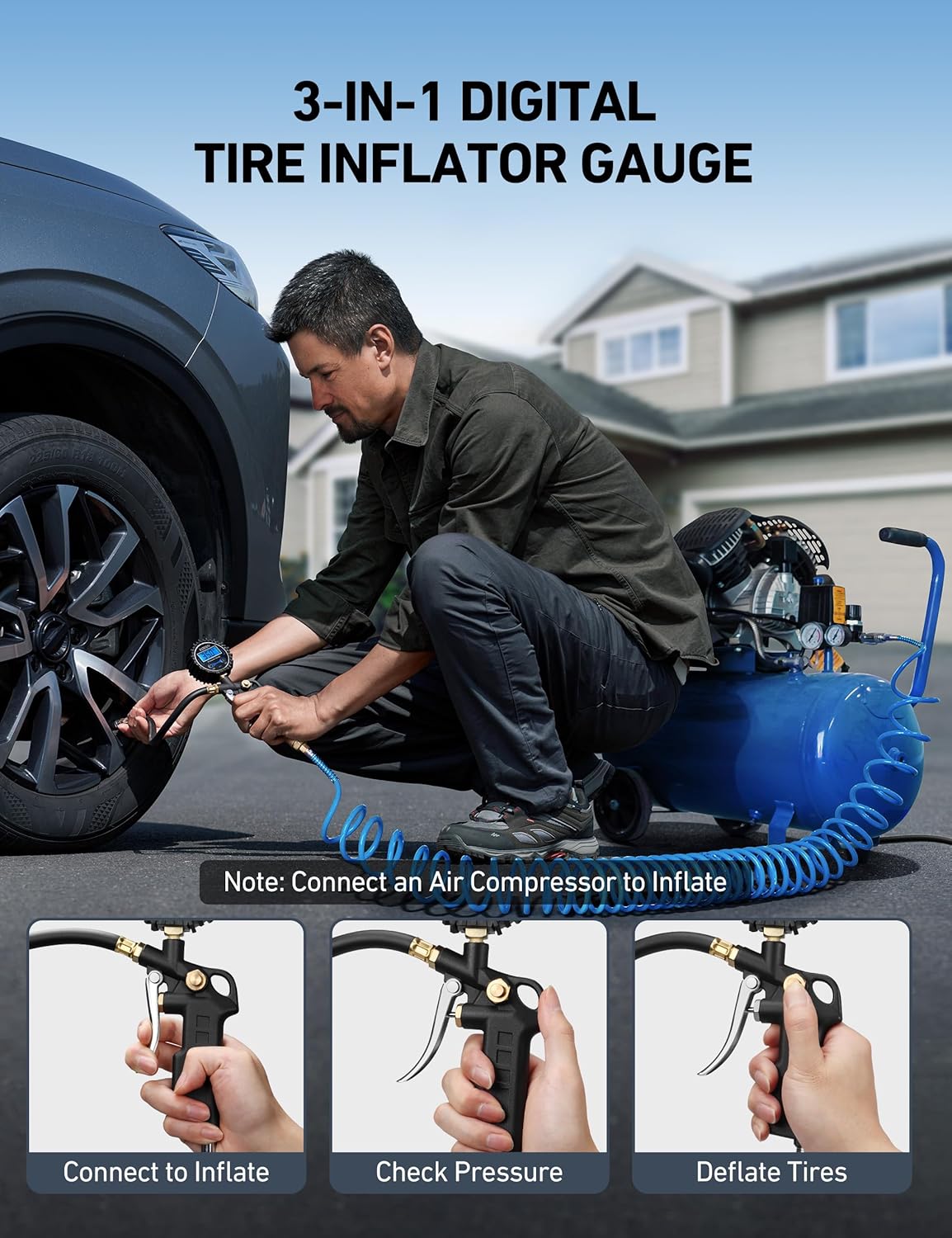 Digital Tire Pressure Gauge with Inflator, 3-250 PSI Air Chuck & Compressor Accessories Heavy Duty with Quick Connect Coupler, 0.1 Display Resolution