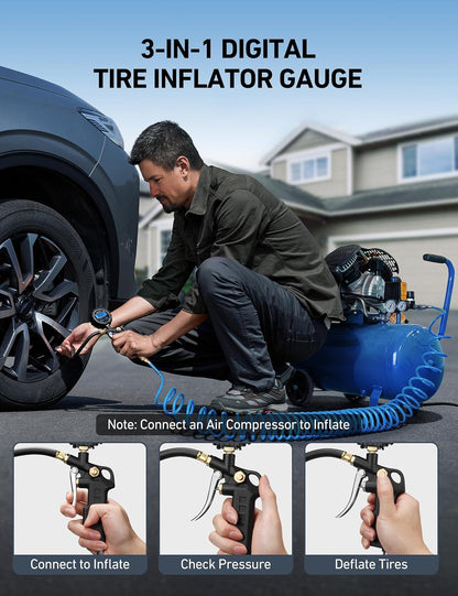 Digital Tire Pressure Gauge with Inflator, 3-250 PSI Air Chuck & Compressor Accessories Heavy Duty with Quick Connect Coupler, 0.1 Display Resolution