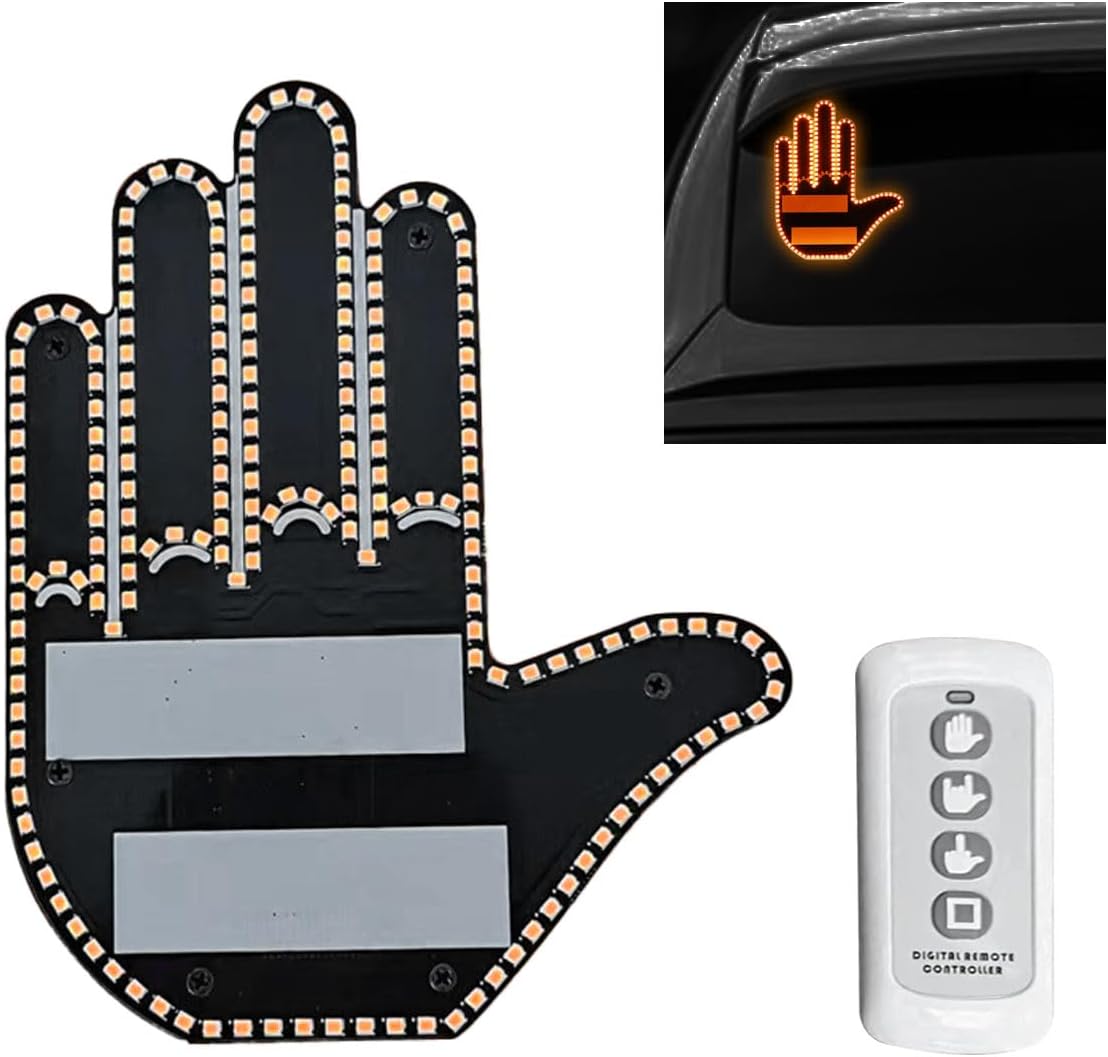 LED Hand Gesture Light for Car, 3 In1 Car Sign Finger Light with Remote Control, Funny Back Window Sign Light Accessories for Cars Trucks, Car Gadgets & Road Rage Signs, No Battery