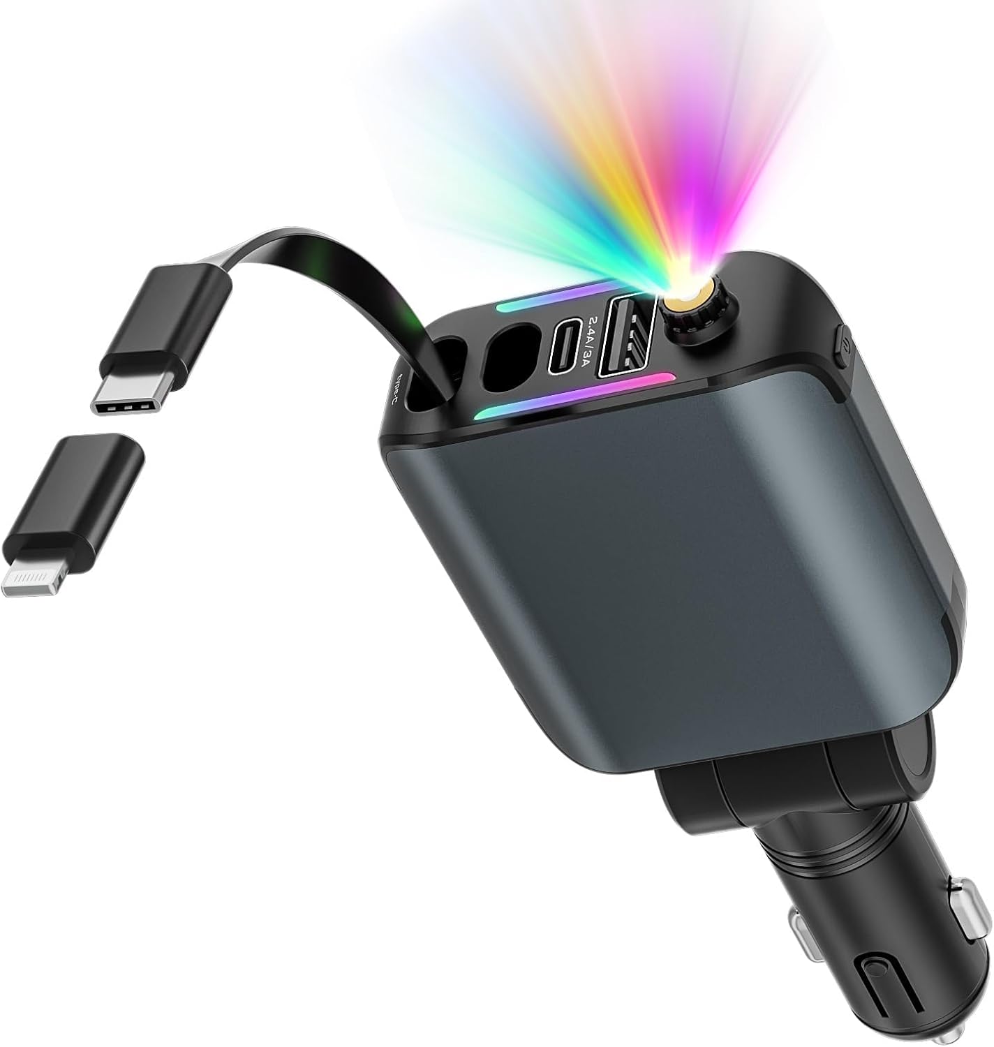 Retractable Car Charger with Aromatherapy and Starlight, 5 in 1 USB C Car Charger for iPhone 16 15 14 13 12 11, Fast Charging Compatible with iPhone Android