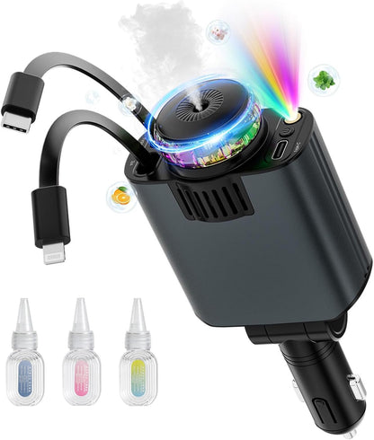 Retractable Car Charger with Aromatherapy and Starlight, 5 in 1 USB C Car Charger for iPhone 16 15 14 13 12 11, Fast Charging Compatible with iPhone Android