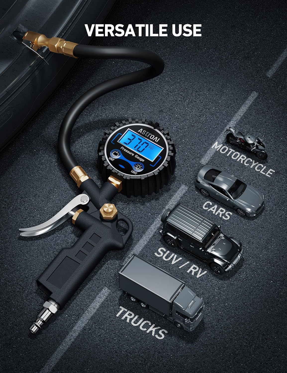 Digital Tire Pressure Gauge with Inflator, 3-250 PSI Air Chuck & Compressor Accessories Heavy Duty with Quick Connect Coupler, 0.1 Display Resolution
