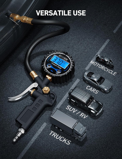 Digital Tire Pressure Gauge with Inflator, 3-250 PSI Air Chuck & Compressor Accessories Heavy Duty with Quick Connect Coupler, 0.1 Display Resolution