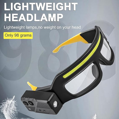 LED Glasses Rechargeable Headlight with Motion Sensor and Touch Control, 5 Modes USB C Lighted Glasses for Running Camping, Fishing, Cycling, Hiking, Hands-Free Lighting (Yellow)