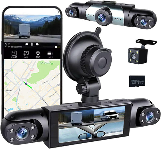 4 Channel Dash Cam 360° View, 1080P Front and Rear Inside, Left Right Dash Camera for Cars, Night Vision, WiFi & APP Control, G-Sensor, Loop Recording with 64GB SD Card
