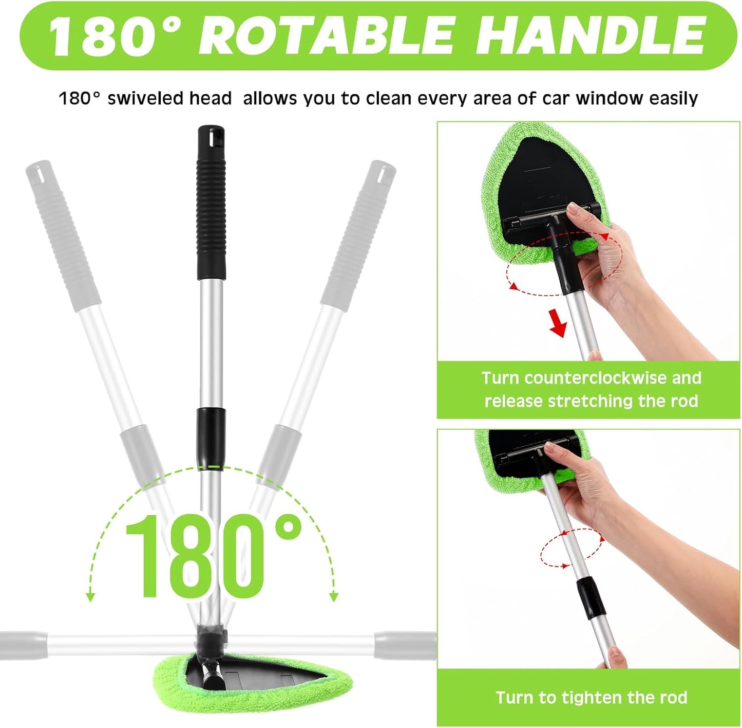 Car Windshield Cleaner Tool Kit with Extendable Handle, Microfiber Towel Pads, Brush, Empty Spray Bottle for Auto Glass Wiper Suvs Rvs & Home Windows (Green)