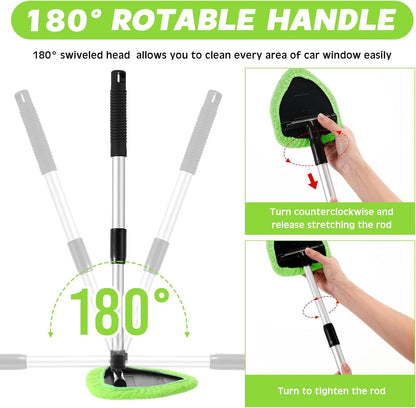 Car Windshield Cleaner Tool Kit with Extendable Handle, Microfiber Towel Pads, Brush, Empty Spray Bottle for Auto Glass Wiper Suvs Rvs & Home Windows (Green)
