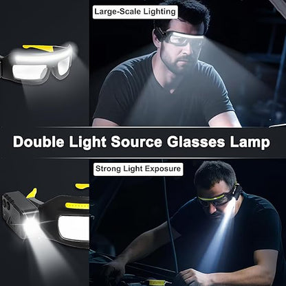 LED Glasses Rechargeable Headlight with Motion Sensor and Touch Control, 5 Modes USB C Lighted Glasses for Running Camping, Fishing, Cycling, Hiking, Hands-Free Lighting (Yellow)