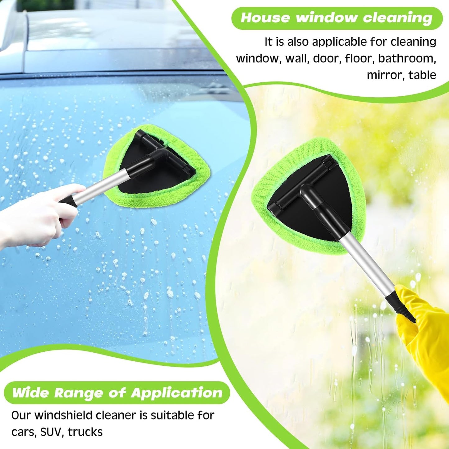 Car Windshield Cleaner Tool Kit with Extendable Handle, Microfiber Towel Pads, Brush, Empty Spray Bottle for Auto Glass Wiper Suvs Rvs & Home Windows (Green)