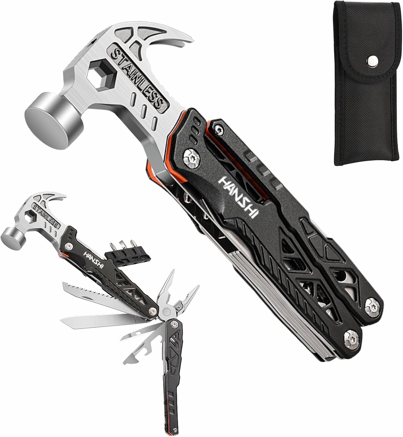 Replaceable Wire Cutter Hammer Multitool with Nylon Sheath for Outdoor,Camping,Survival,Hiking,17 In 1 Pocket Multi Tool with Spring-Action Plier,Knife,Flint Rod,Safty Whistle for Gift