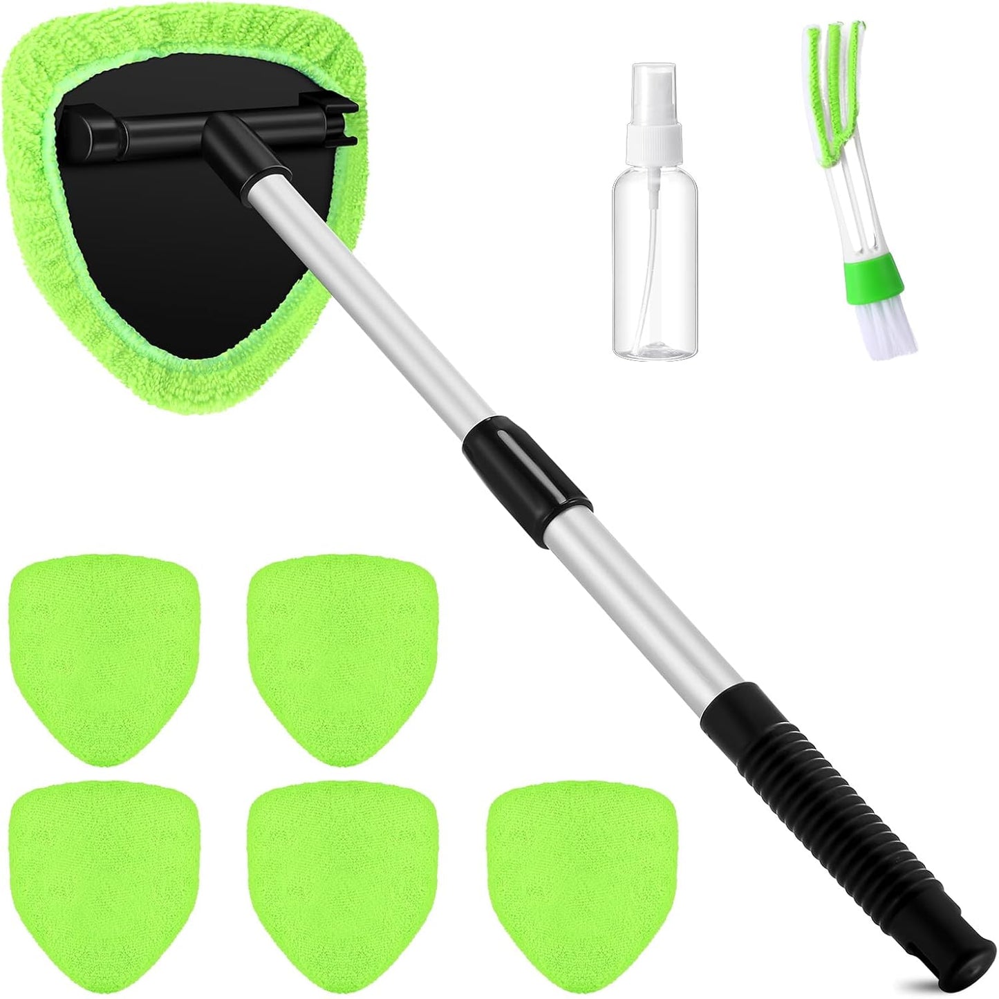Car Windshield Cleaner Tool Kit with Extendable Handle, Microfiber Towel Pads, Brush, Empty Spray Bottle for Auto Glass Wiper Suvs Rvs & Home Windows (Green)