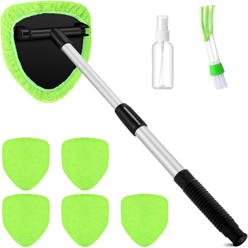 Car Windshield Cleaner Tool Kit with Extendable Handle, Microfiber Towel Pads, Brush, Empty Spray Bottle for Auto Glass Wiper Suvs Rvs & Home Windows (Green)