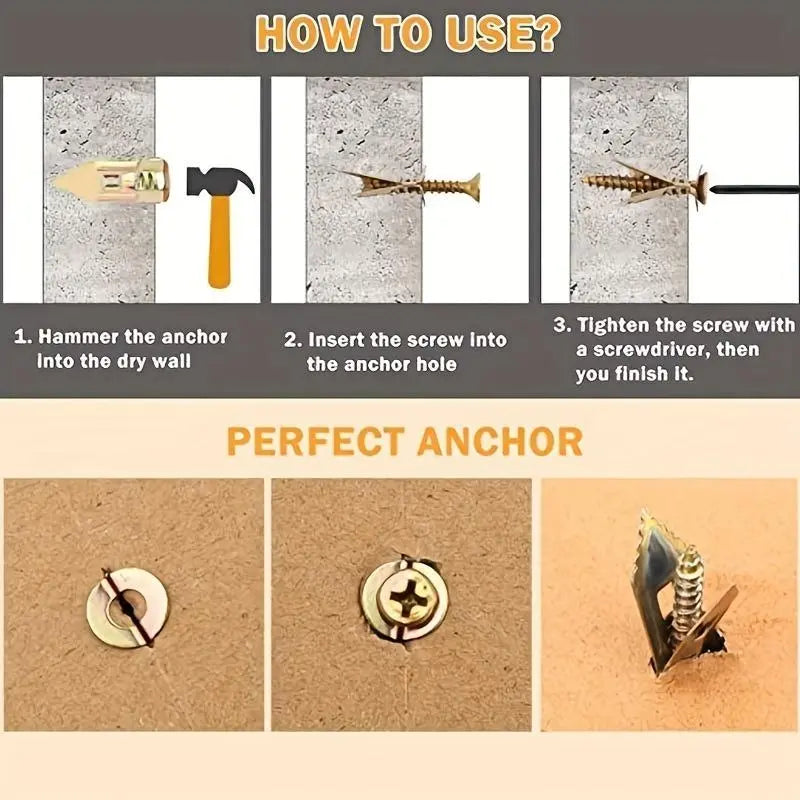 100PCS/200PCS Self-Drilling Drywall Anchors & Screws Kit Easy Application No Pre-Drilling Supports Up to 66 lbs Ideal for Home Office Organization