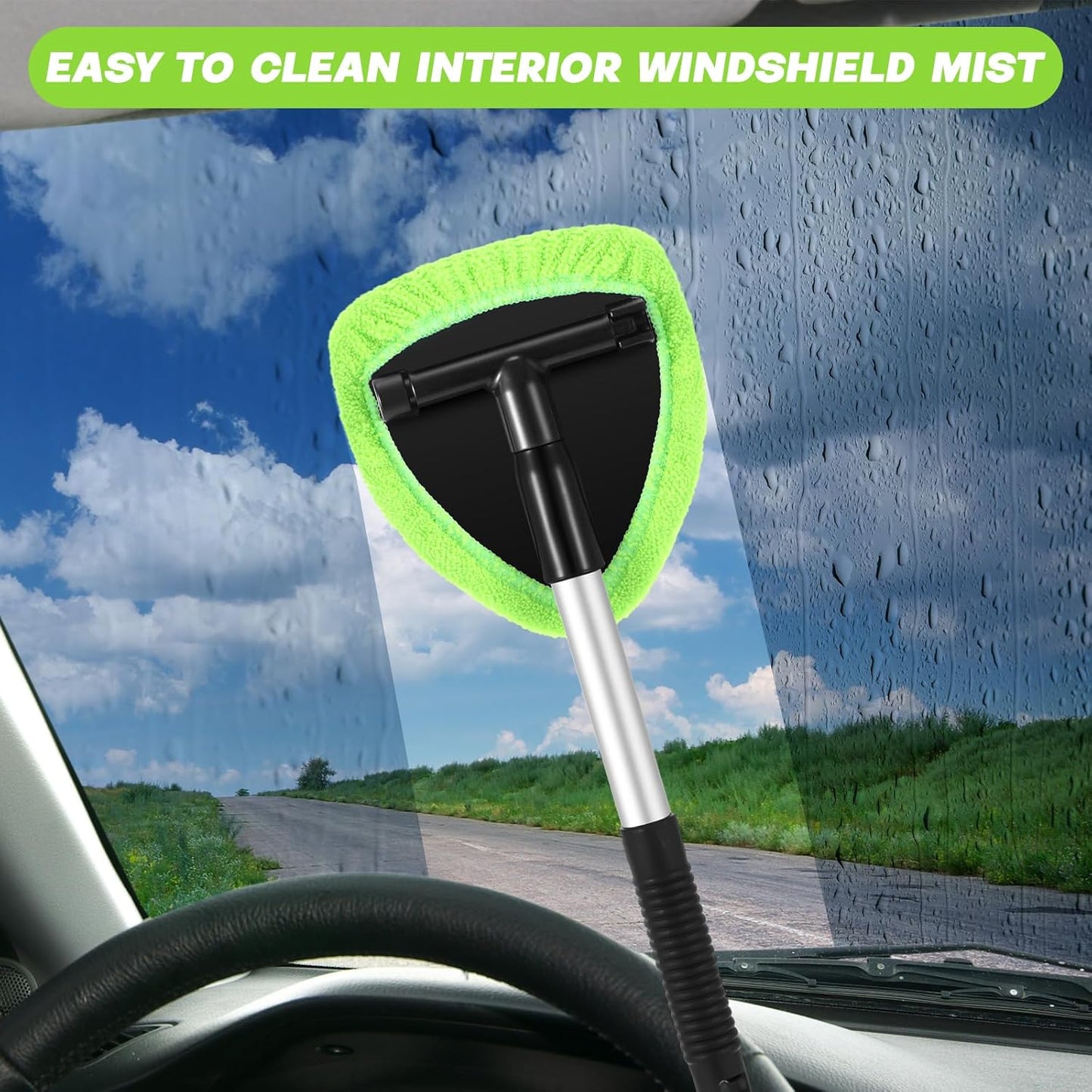 Car Windshield Cleaner Tool Kit with Extendable Handle, Microfiber Towel Pads, Brush, Empty Spray Bottle for Auto Glass Wiper Suvs Rvs & Home Windows (Green)
