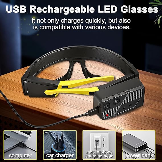 LED Glasses Rechargeable Headlight with Motion Sensor and Touch Control, 5 Modes USB C Lighted Glasses for Running Camping, Fishing, Cycling, Hiking, Hands-Free Lighting (Yellow)