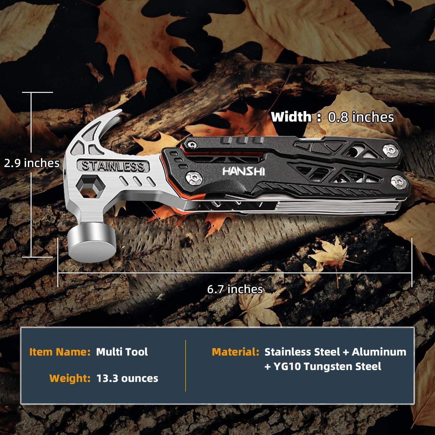 Replaceable Wire Cutter Hammer Multitool with Nylon Sheath for Outdoor,Camping,Survival,Hiking,17 In 1 Pocket Multi Tool with Spring-Action Plier,Knife,Flint Rod,Safty Whistle for Gift