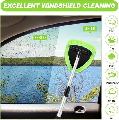 Car Windshield Cleaner Tool Kit with Extendable Handle, Microfiber Towel Pads, Brush, Empty Spray Bottle for Auto Glass Wiper Suvs Rvs & Home Windows (Green)