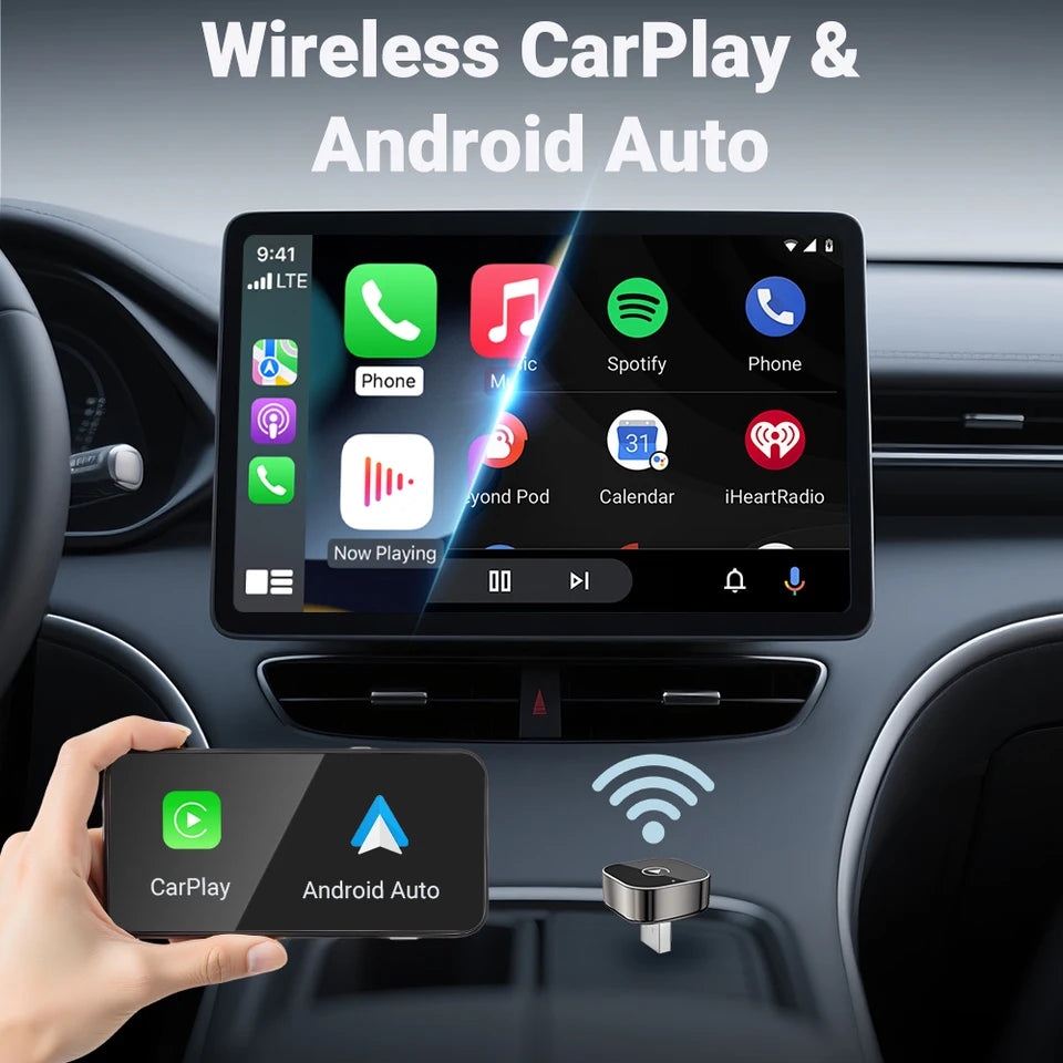 New 2in1 Mini Wireless CarPlay and Android Auto Adapter 5GHz WiFi, Type-C/USB Plug and Play Smart Box for Car Accessories Dongle