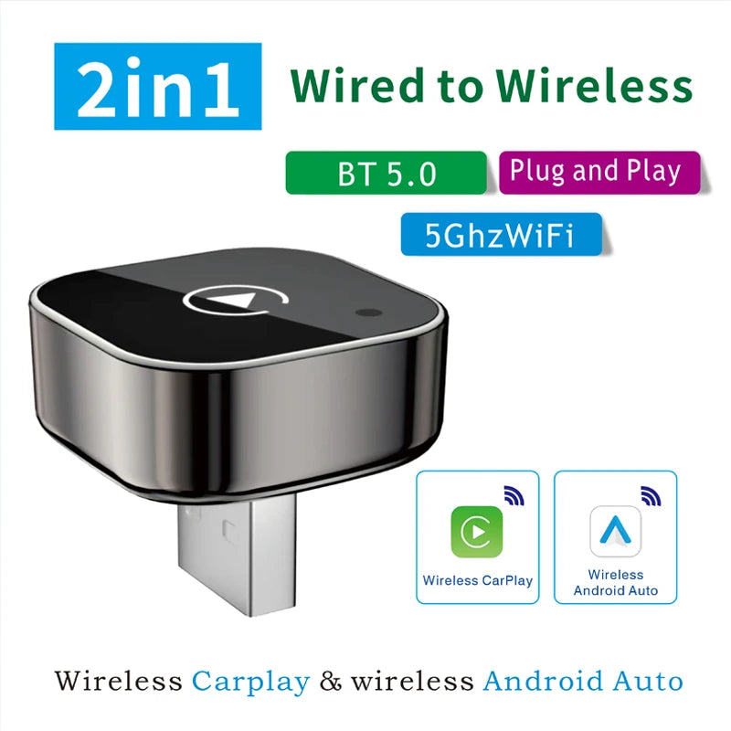 New 2in1 Mini Wireless CarPlay and Android Auto Adapter 5GHz WiFi, Type-C/USB Plug and Play Smart Box for Car Accessories Dongle