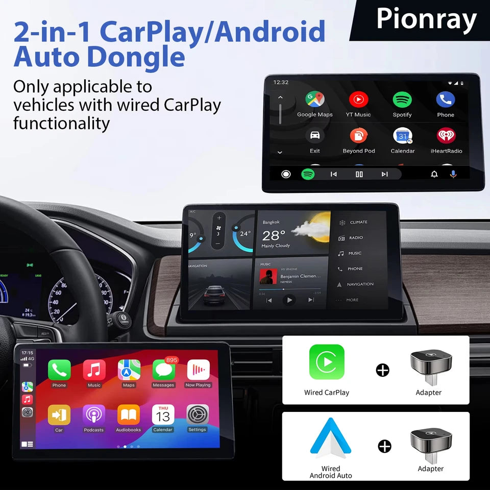 New 2in1 Mini Wireless CarPlay and Android Auto Adapter 5GHz WiFi, Type-C/USB Plug and Play Smart Box for Car Accessories Dongle