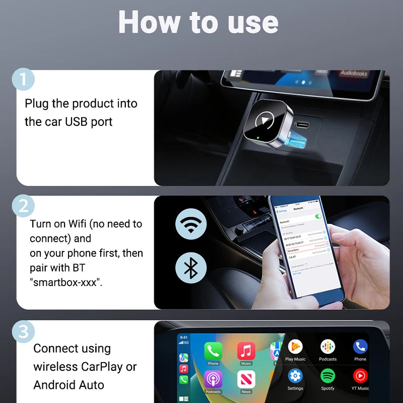 New 2in1 Mini Wireless CarPlay and Android Auto Adapter 5GHz WiFi, Type-C/USB Plug and Play Smart Box for Car Accessories Dongle