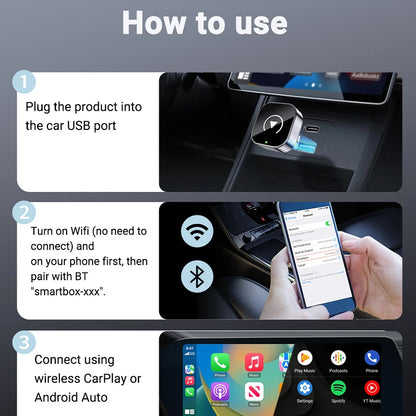 New 2in1 Mini Wireless CarPlay and Android Auto Adapter 5GHz WiFi, Type-C/USB Plug and Play Smart Box for Car Accessories Dongle
