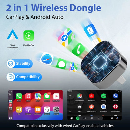 New 2in1 Mini Wireless CarPlay and Android Auto Adapter 5GHz WiFi, Type-C/USB Plug and Play Smart Box for Car Accessories Dongle